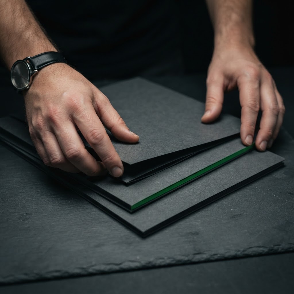 Hands organizing charcoal folders for investor research