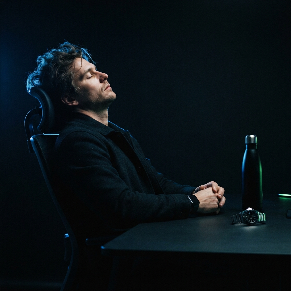 Tired startup founder reflecting at night