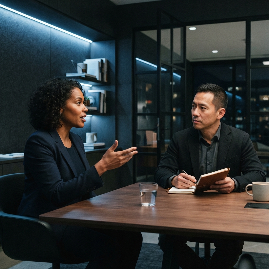 Two founders engaged in a serious collaborative coaching conversation