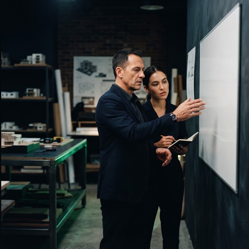 Two people collaborating in a dark professional studio