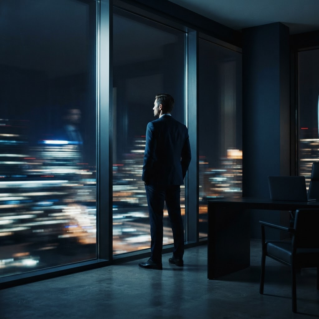 Founder standing at night looking out a window