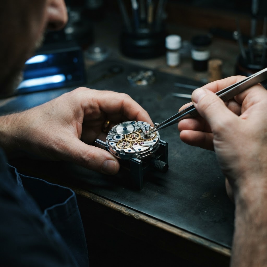 Hands adjusting intricate watch gears on a dark surface