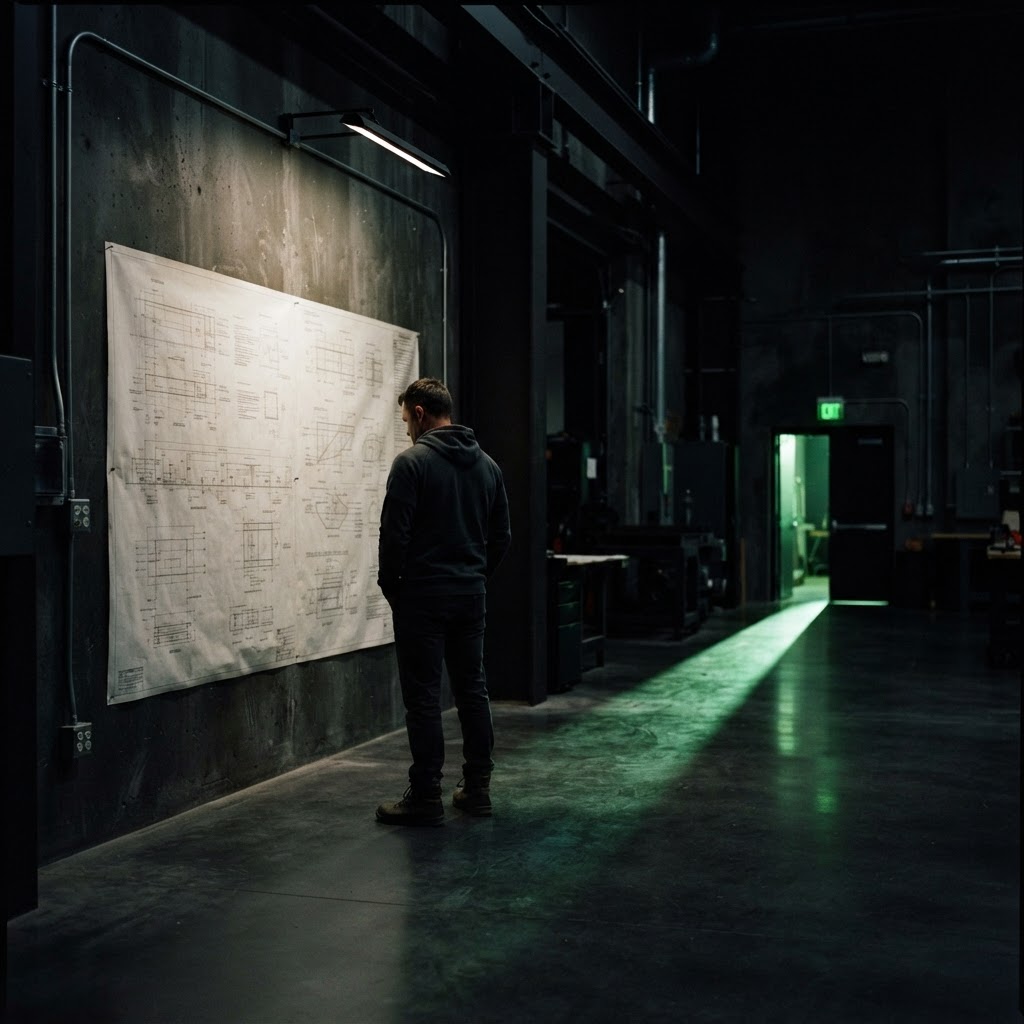 Founder studying a large blueprint in a dark industrial space