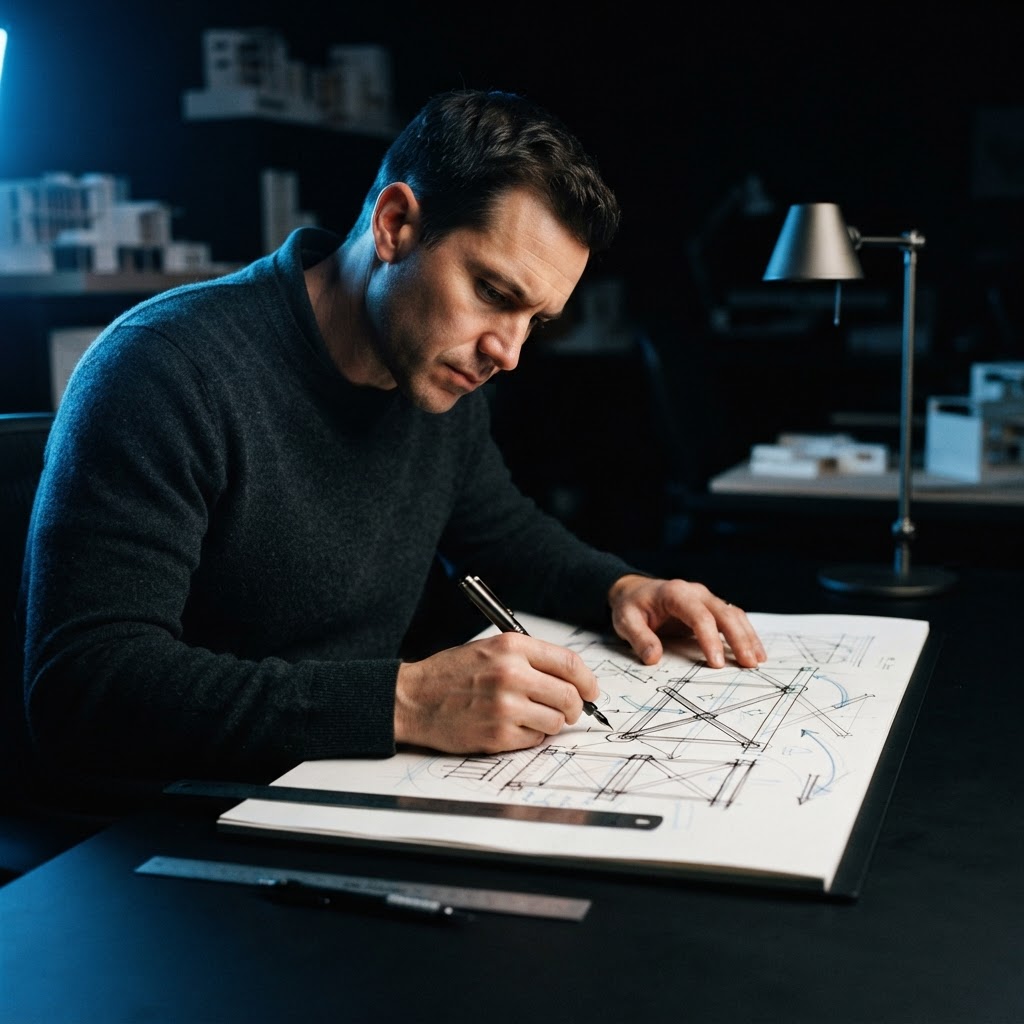 Founder sketching strategy on a desk