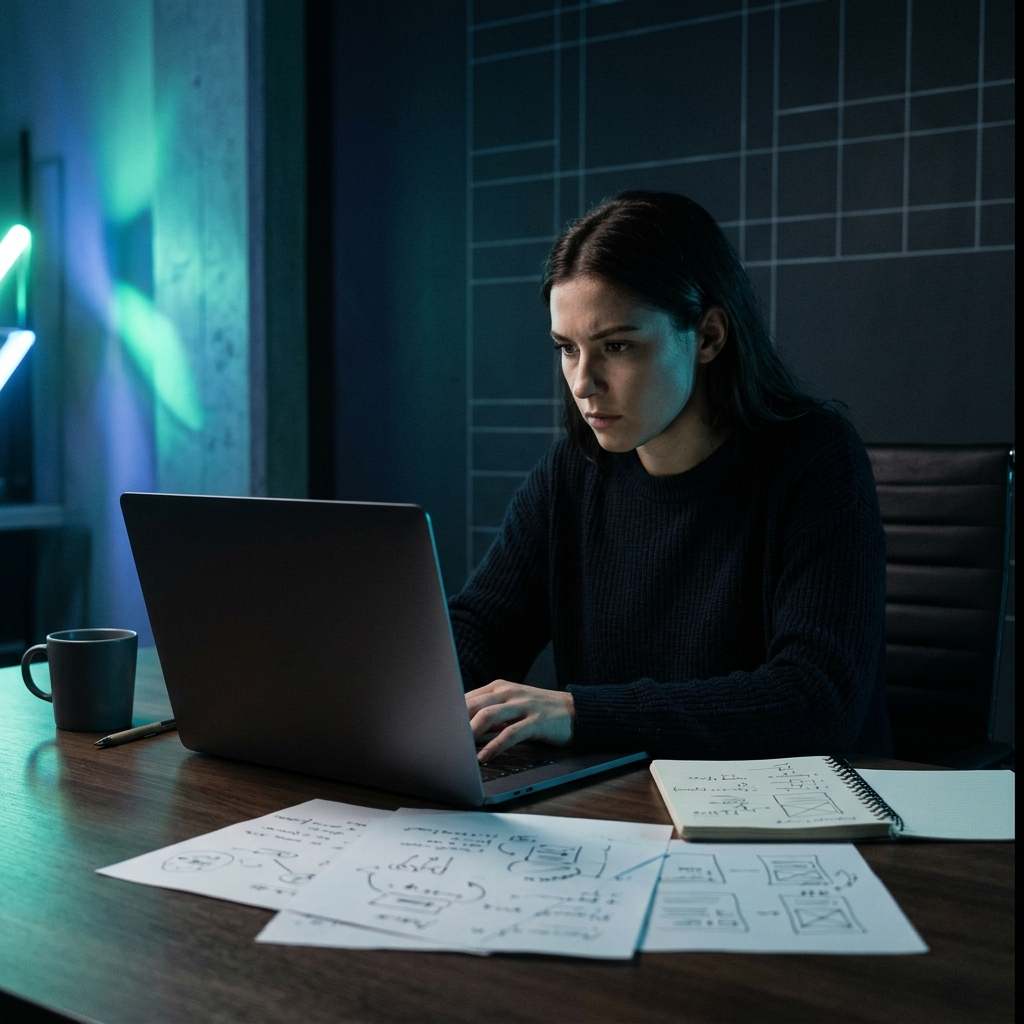 Founder working intensely at laptop late night