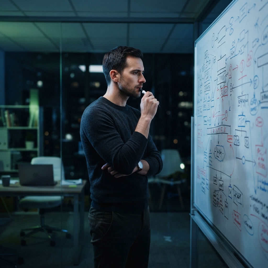 Founder planning startup strategy on a whiteboard