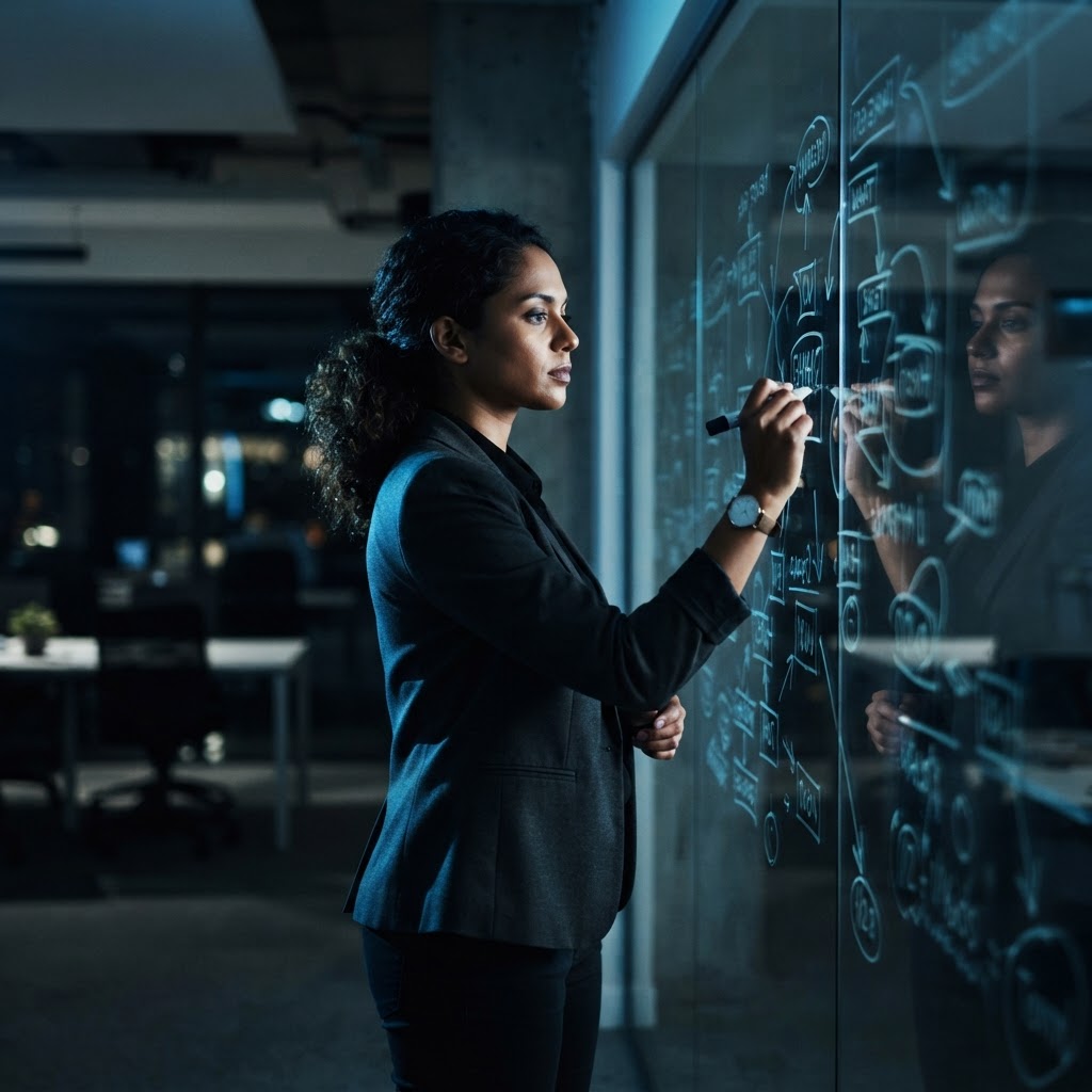 Founder sketching growth strategy on a glass wall