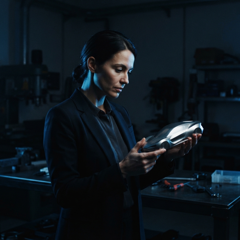 Founder examining a sleek metallic prototype in a dark workshop