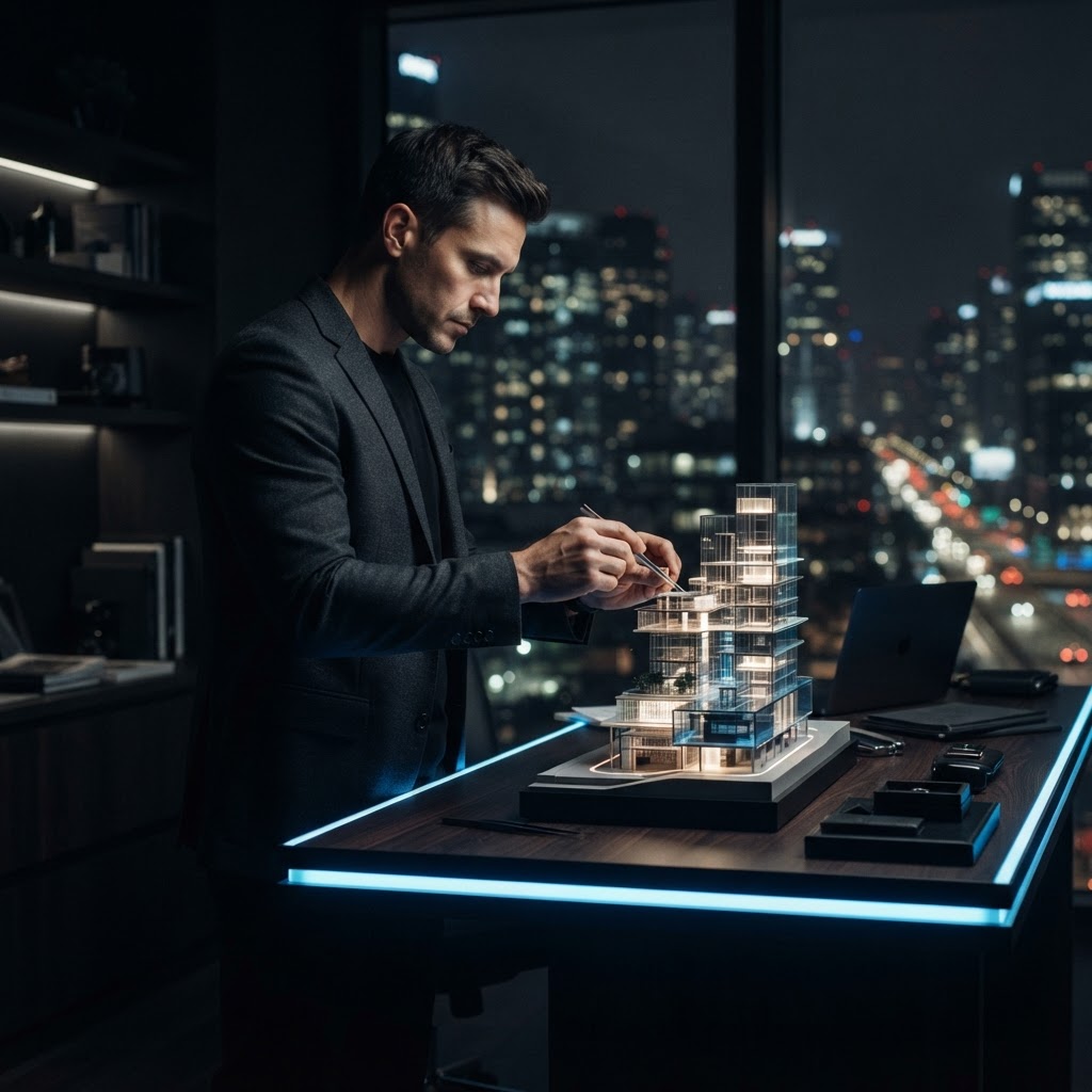 Founder adjusting a physical model in a dark office