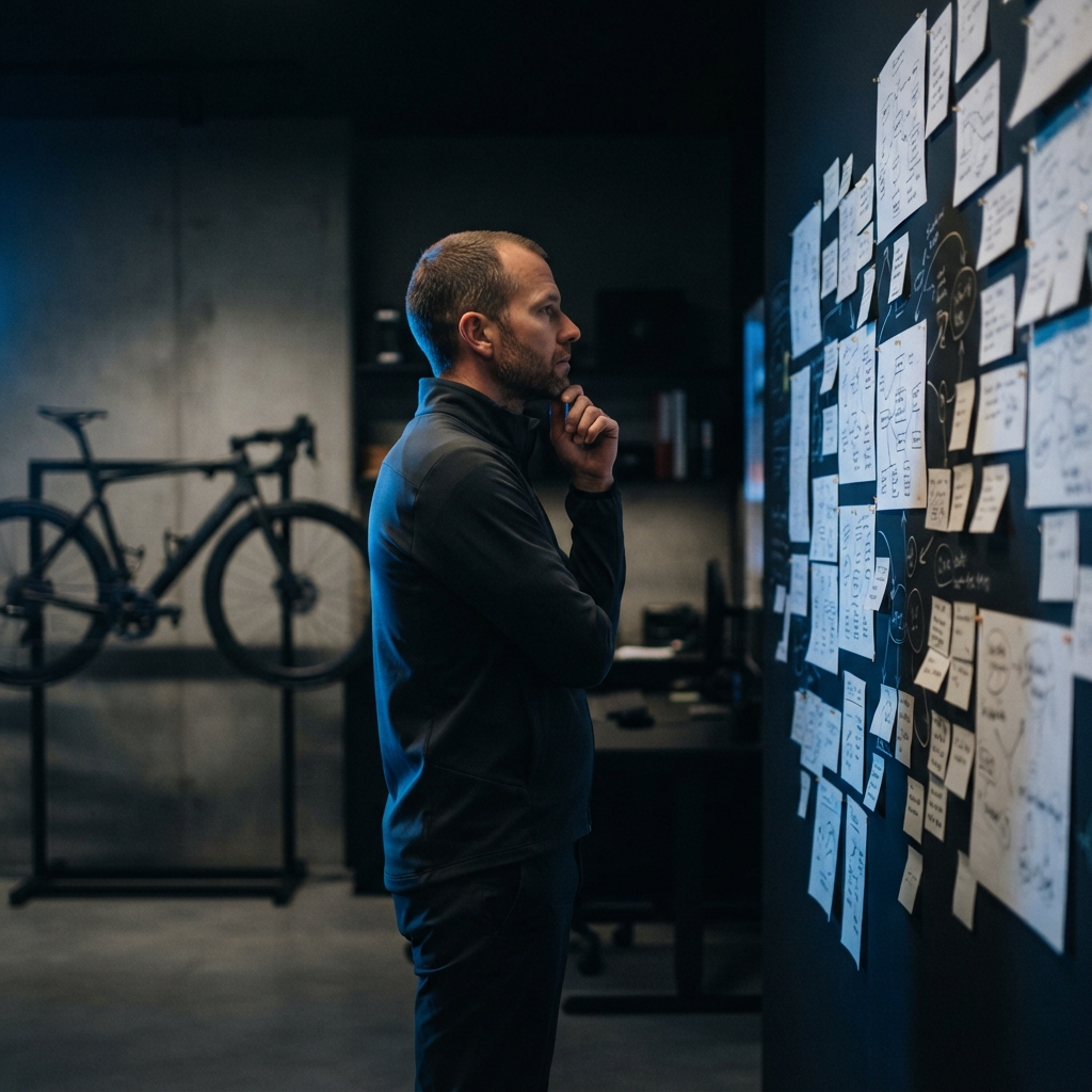 Founder focusing on strategy in a modern dark workspace