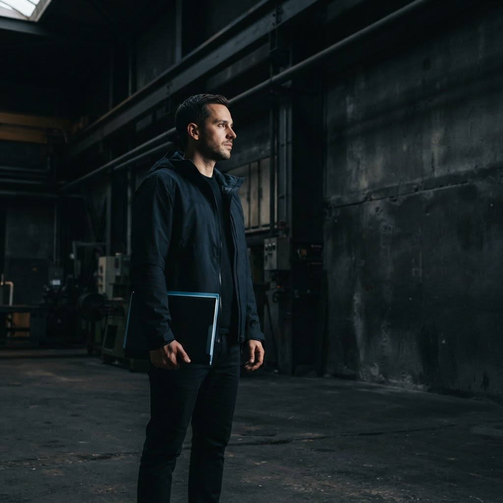 Founder holding a folder in a dark industrial studio