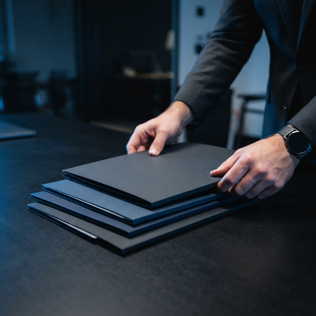 Founder hands organizing files on a sleek dark desk