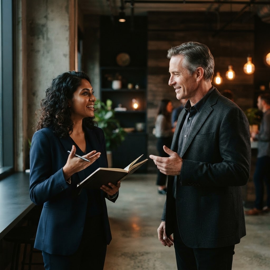 Founder engaged in a professional conversation