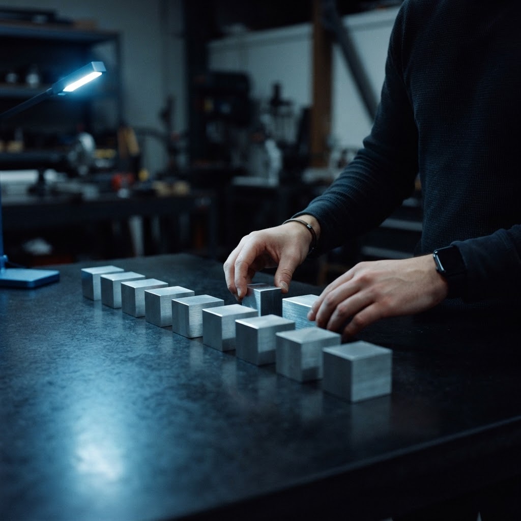 Close up of metal blocks arranged on a dark desk