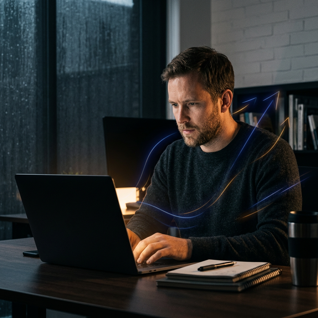 Focused founder working late with momentum graphics