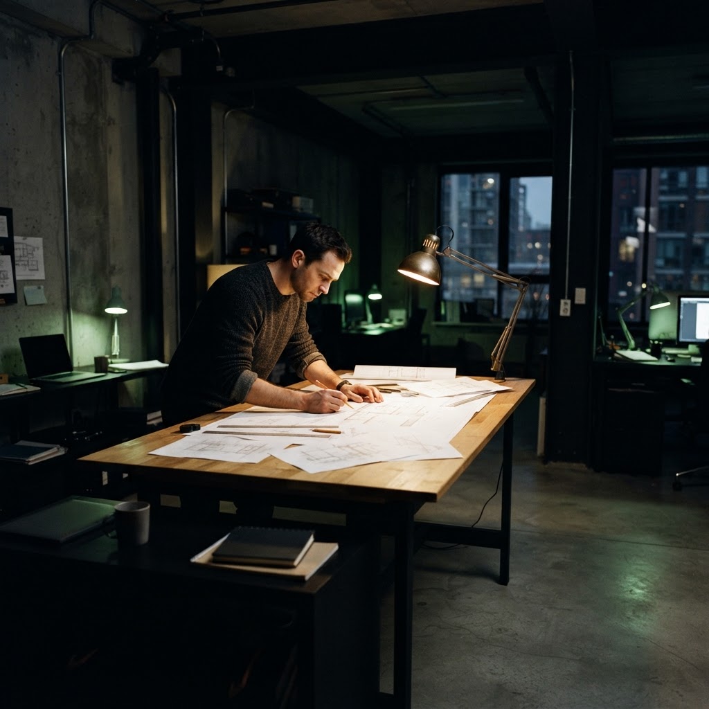Founder working in a dark modern office