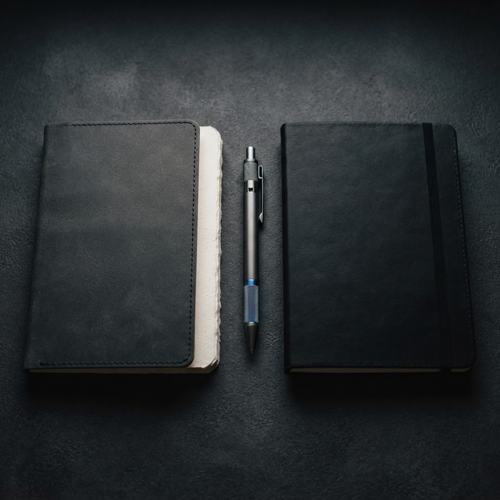 Notebooks and a metal pen on a dark desk