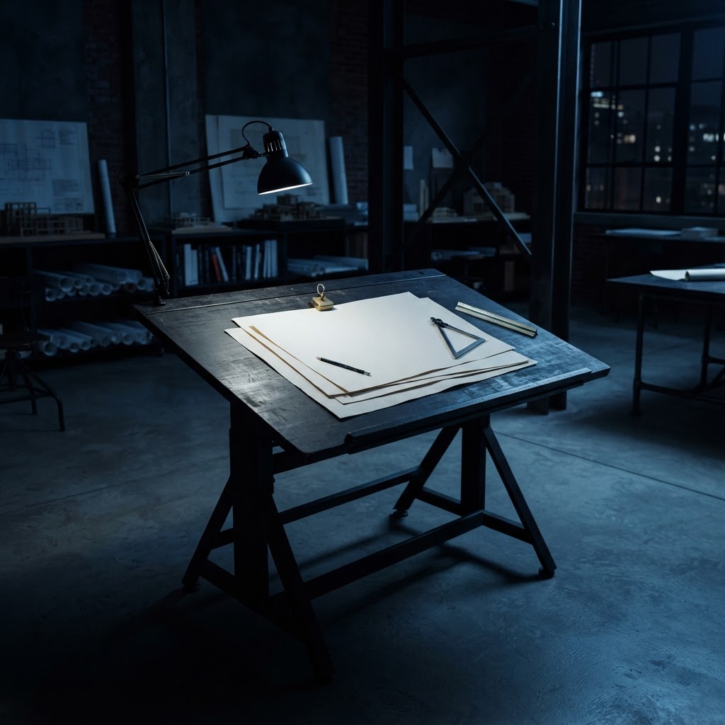A minimalist dark studio with a drafting desk and sharp directional lighting.