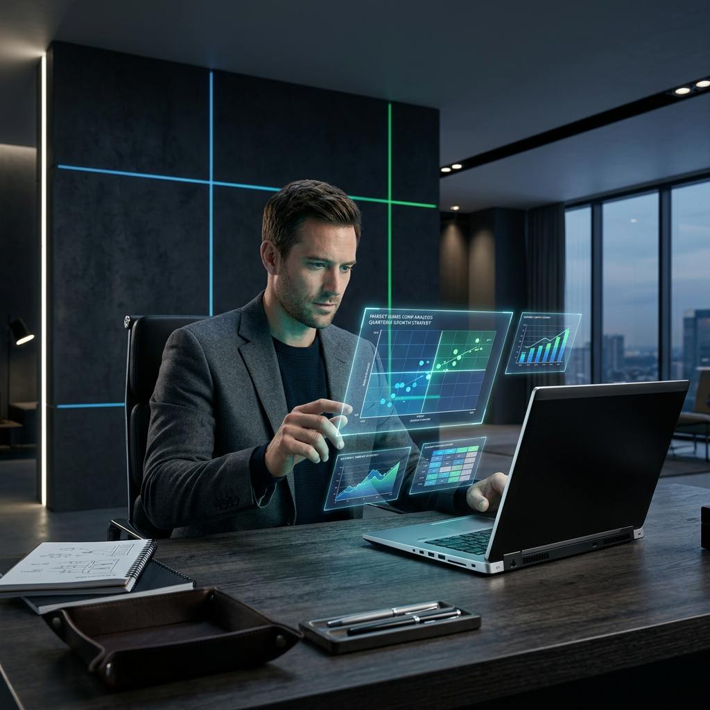 Founder analyzing market data with floating analytics