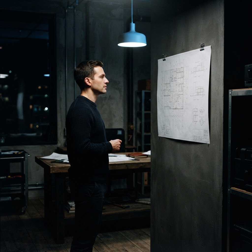 Founder reviewing a blueprint in a dim, modern workspace