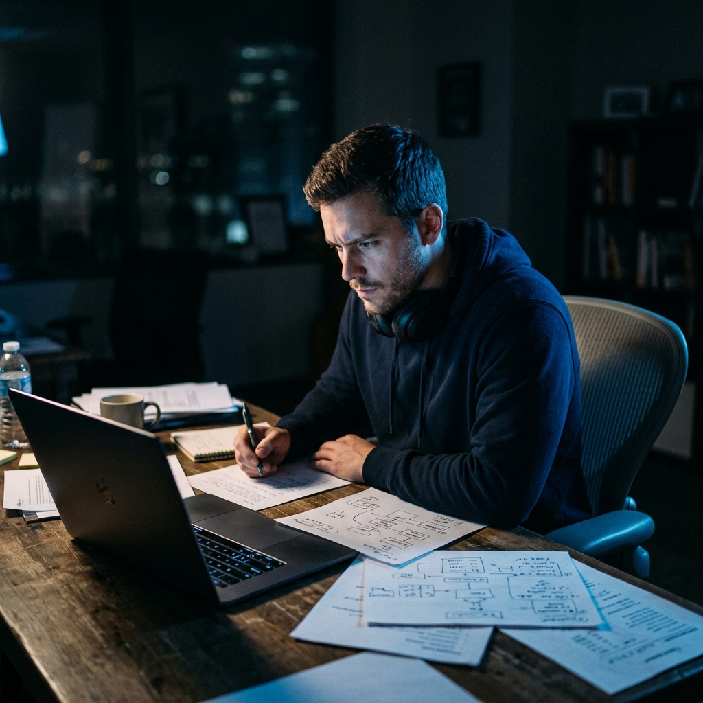 Focused founder working on pricing strategy late night