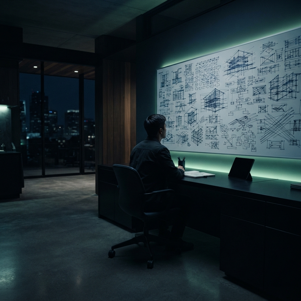 Founder planning in a dark modern studio space