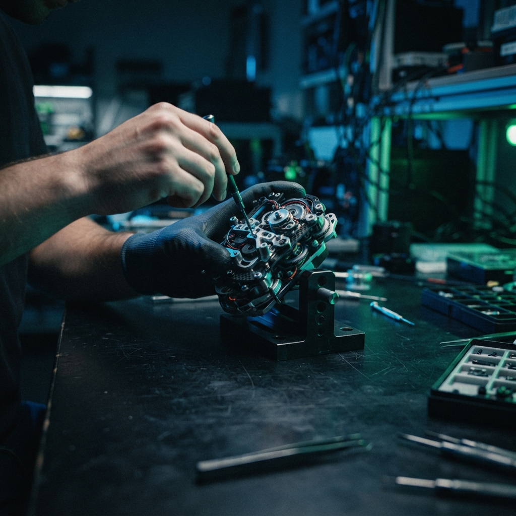 Person assembling a mechanical prototype on a dark workbench