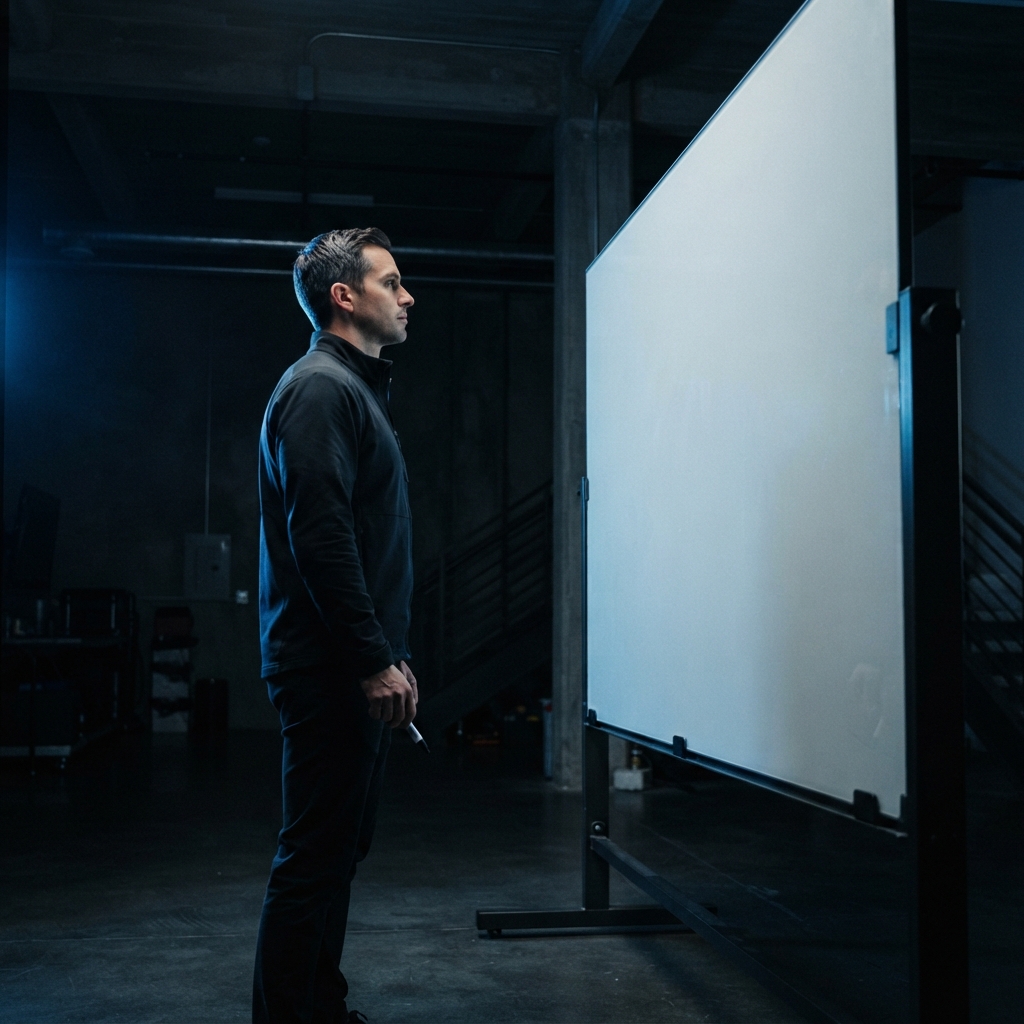 Founder standing before a blank glass whiteboard in a dark room