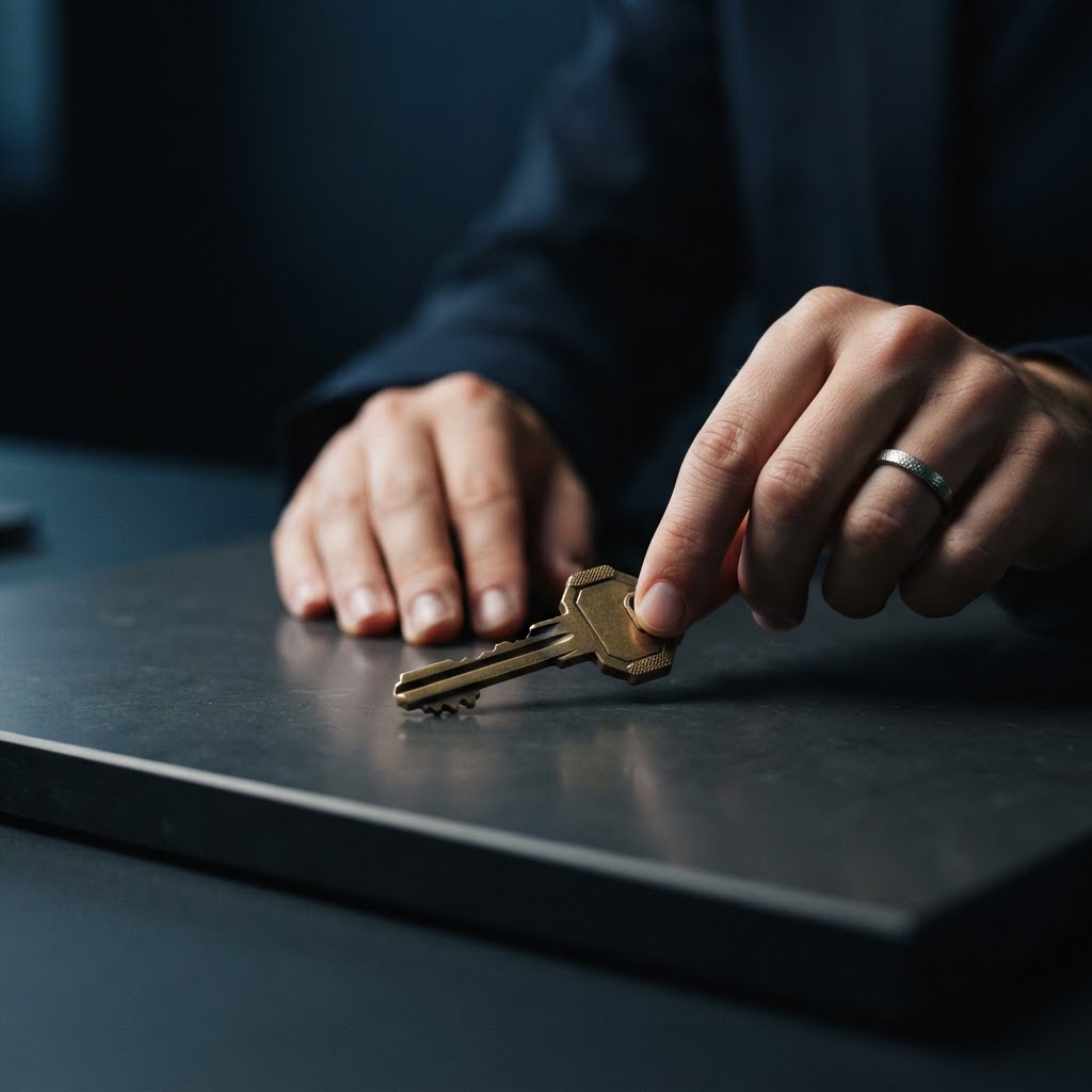 Hands placing a brass key on a dark surface