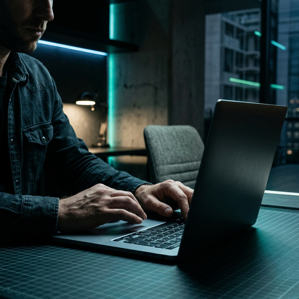 Founder working intently at laptop with side lighting