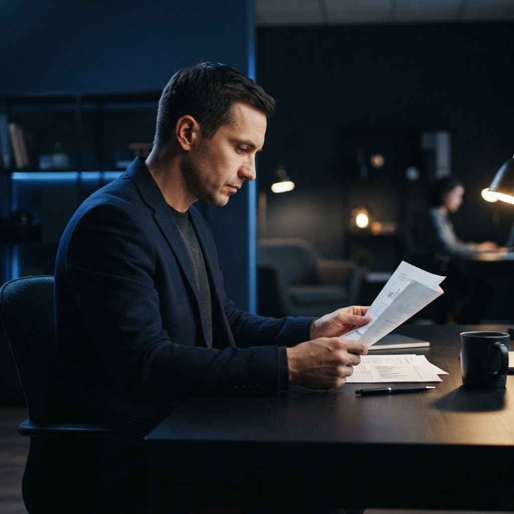Founder reviewing documents at a desk