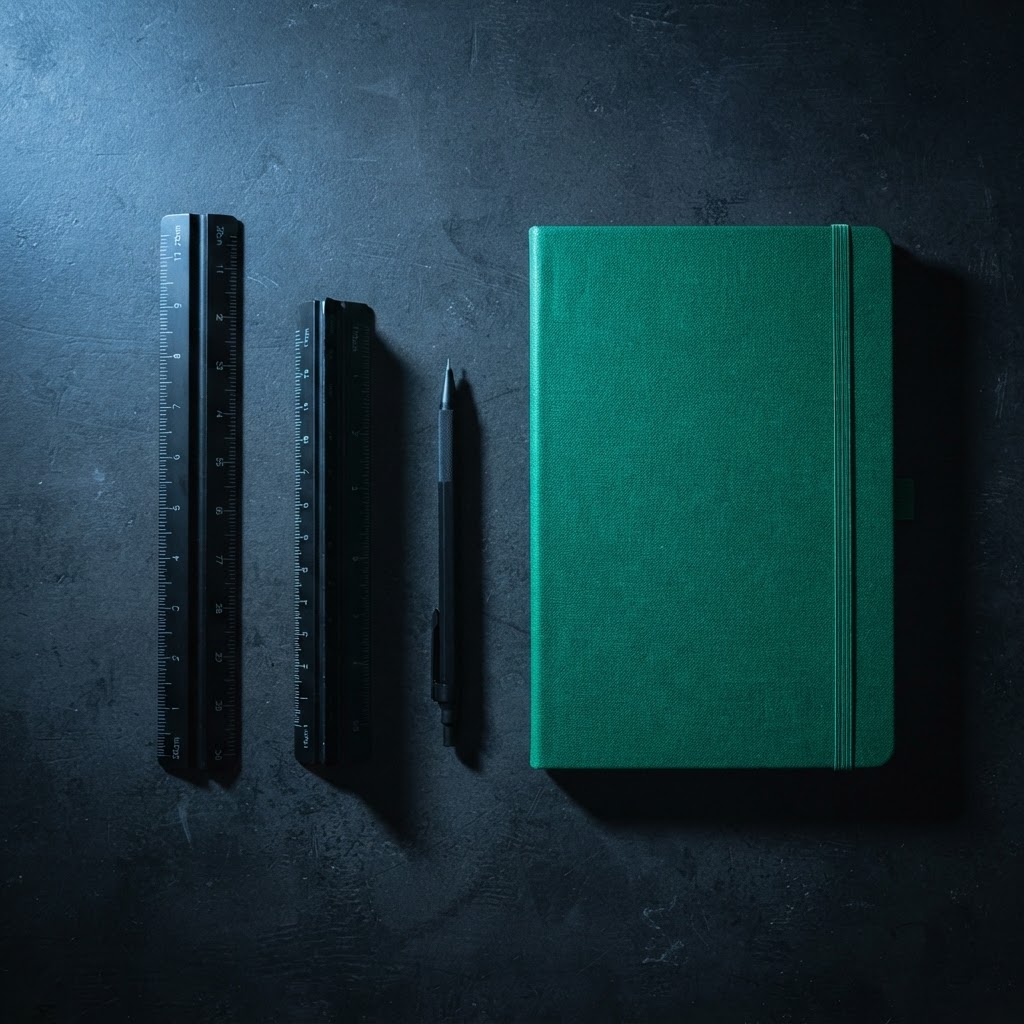 Professional planning tools on a dark desk surface