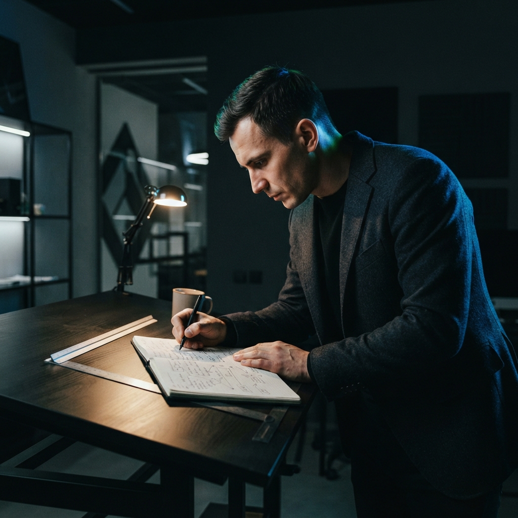 Focused founder planning in a dark modern office