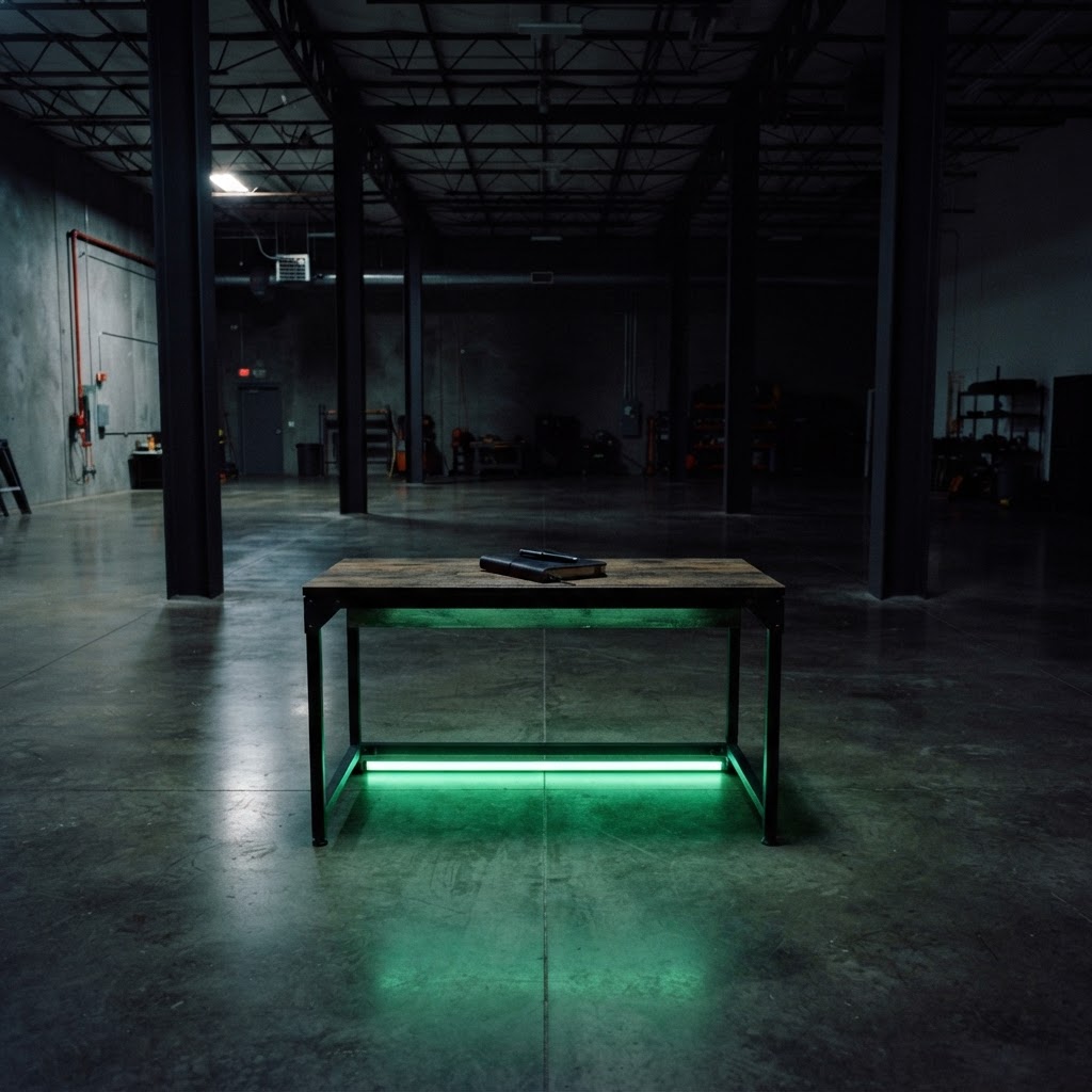 Minimalist industrial workspace prepared for document organization
