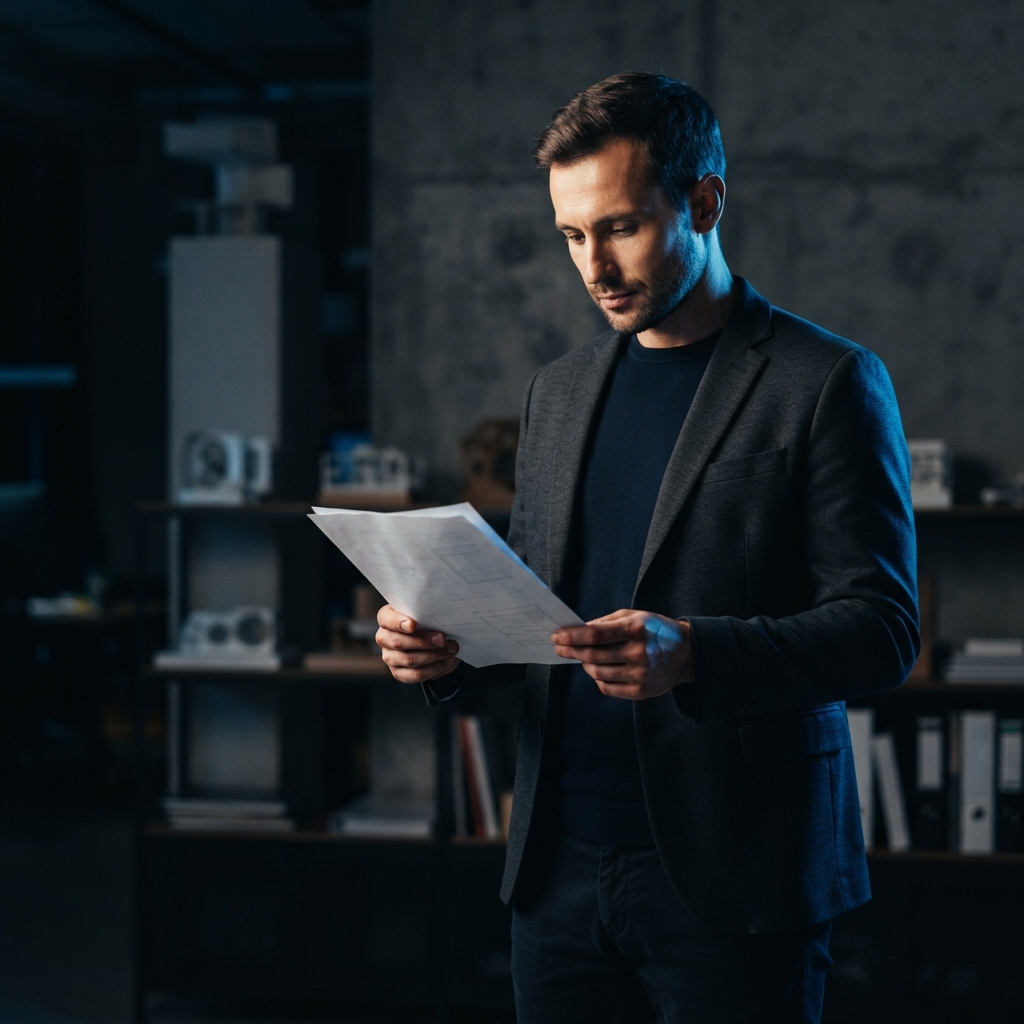A startup founder reviewing documents in a focused setting