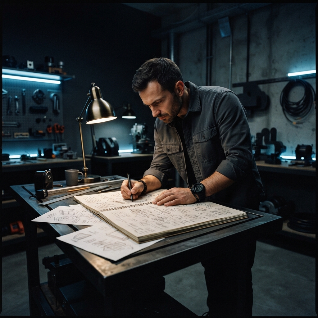 A focused entrepreneur working late at a drafting table