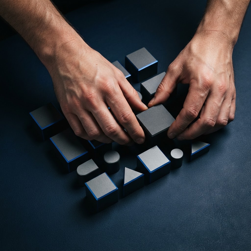 Hands arranging precise physical geometric blocks on a dark surface