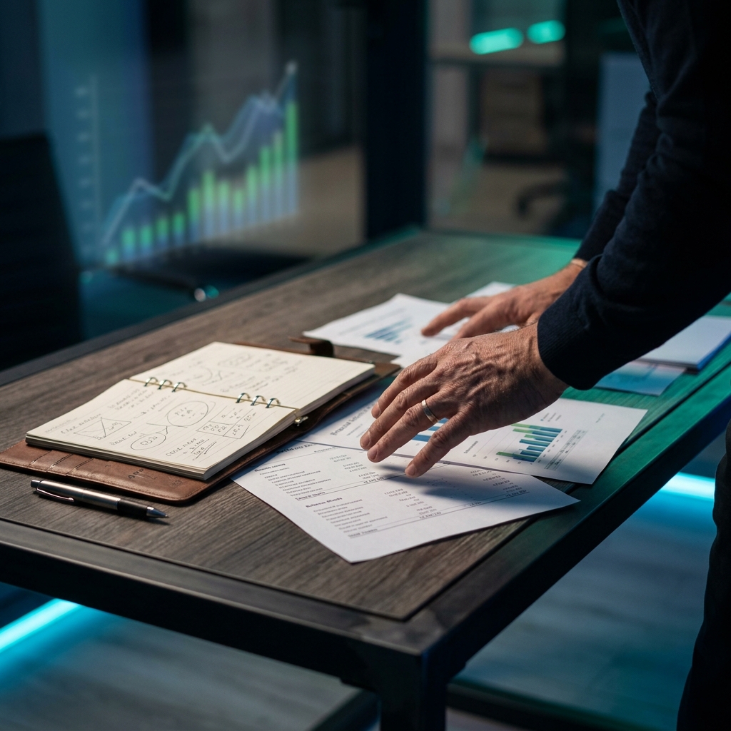 Founder reviewing financial documents with accent lighting