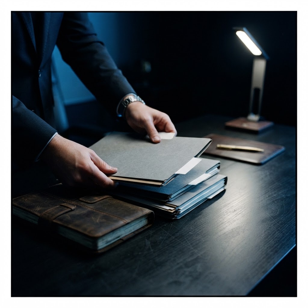 Founder organizing physical fundraising documents on dark desk