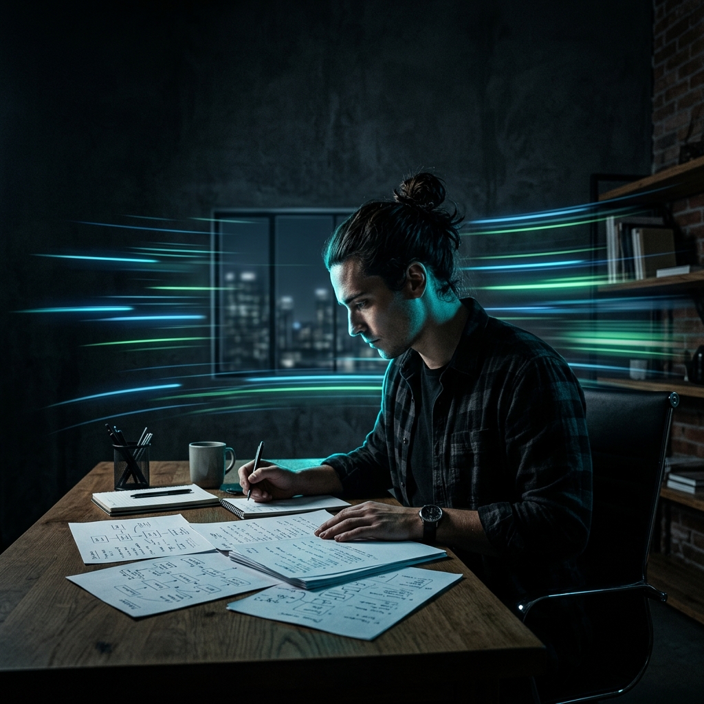Founder strategizing in focused, dramatic lighting