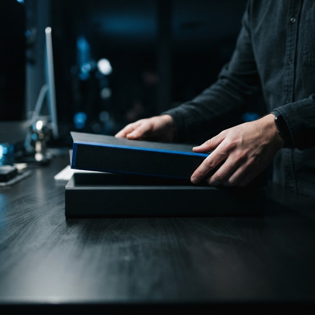 Founder organizing heavy black folders on a dark desk