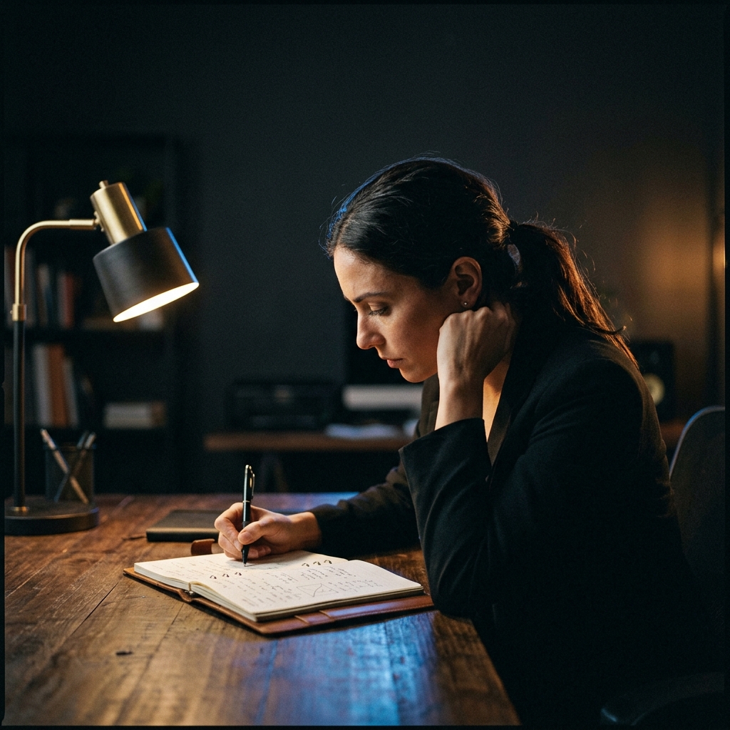 Founder in focused late-night strategic work session
