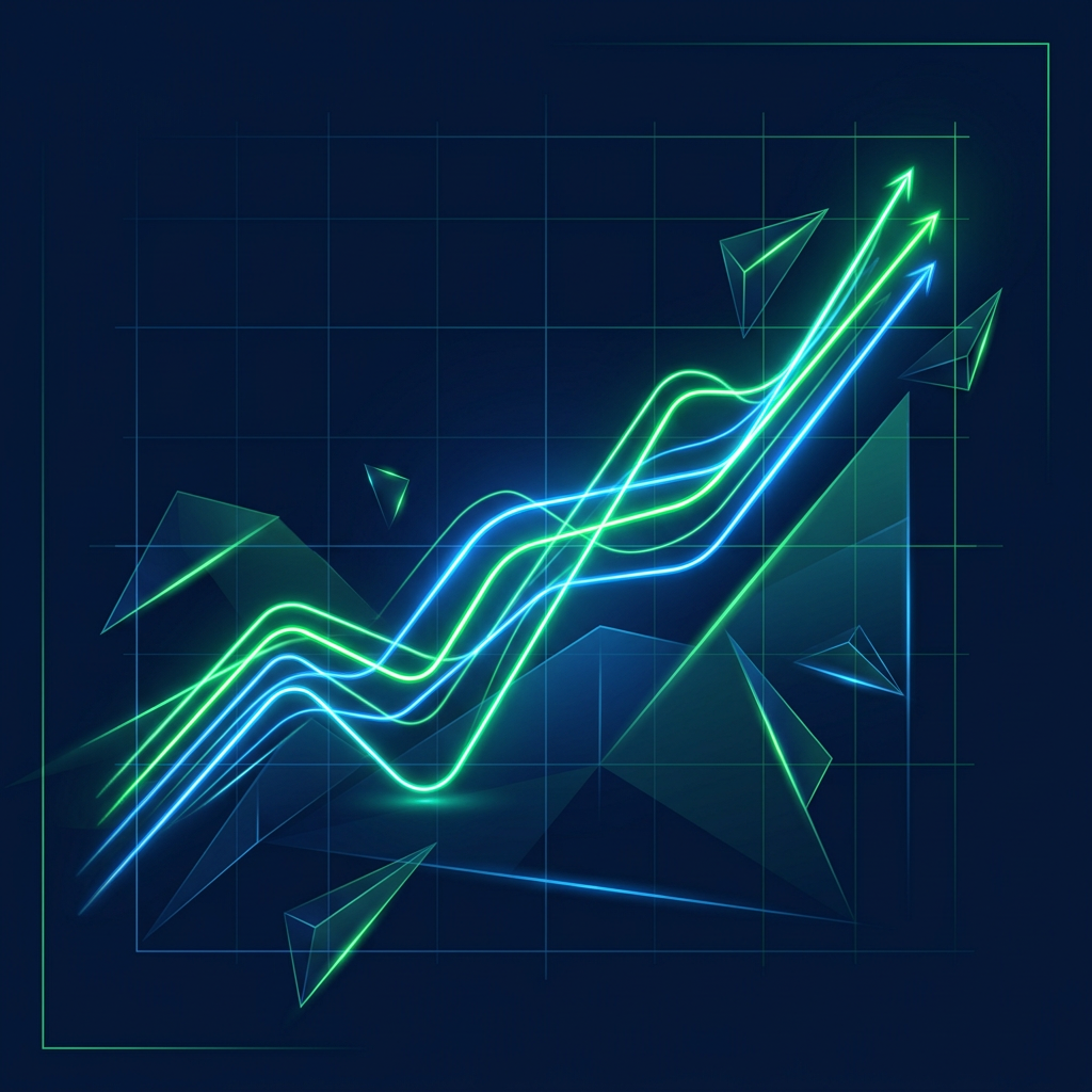 Glowing growth trajectory lines converging upward