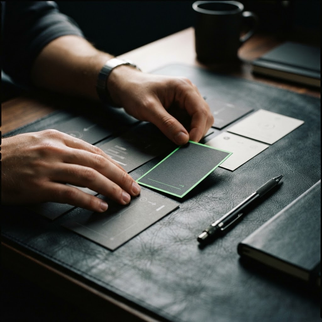 Hands arranging business metric cards on a desk