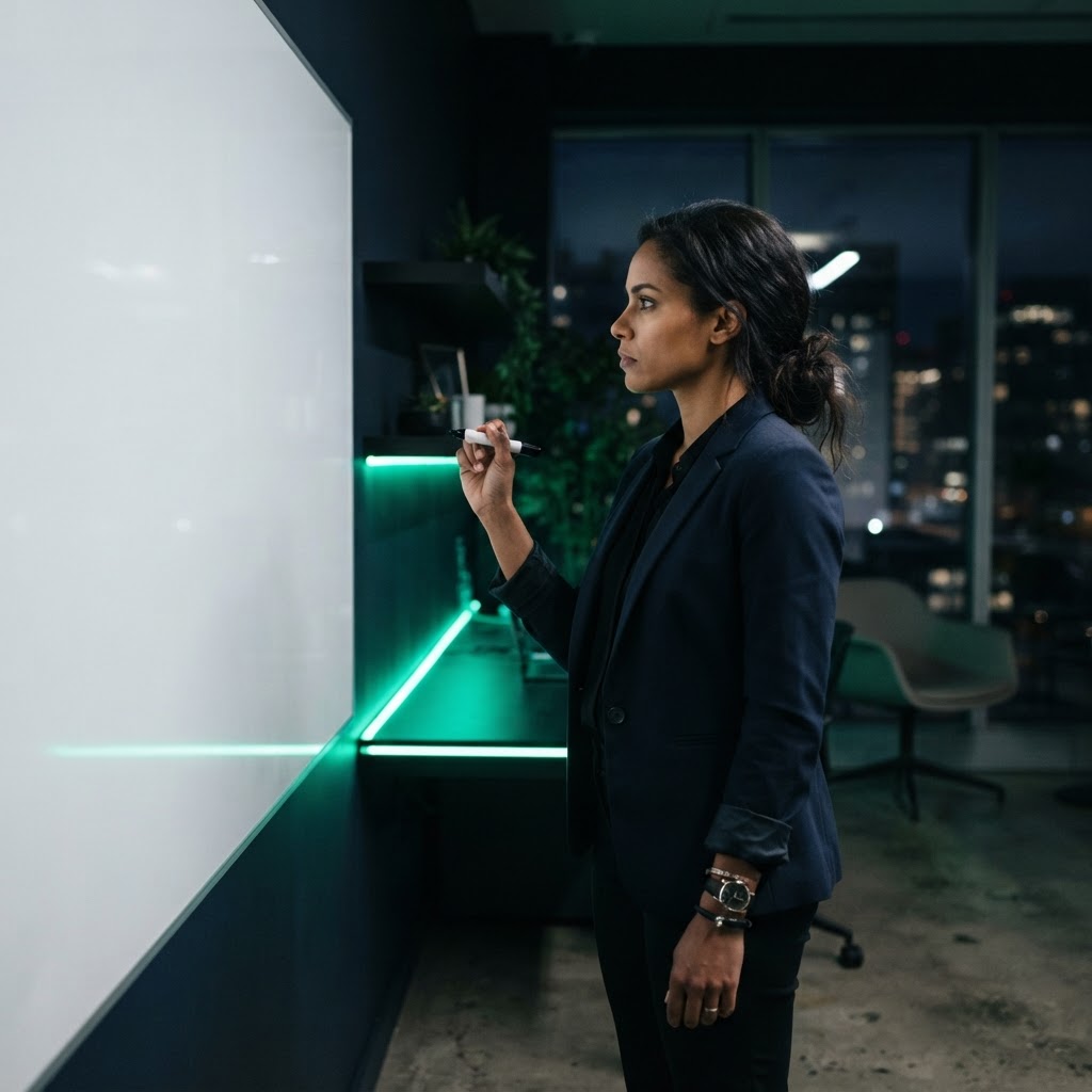 Focused founder planning strategy in a dark modern office