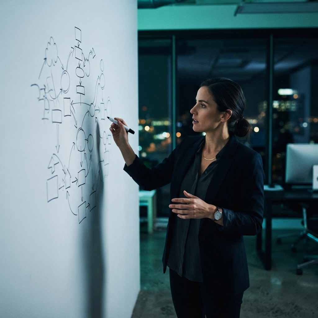 Startup founder planning growth metrics on a wall
