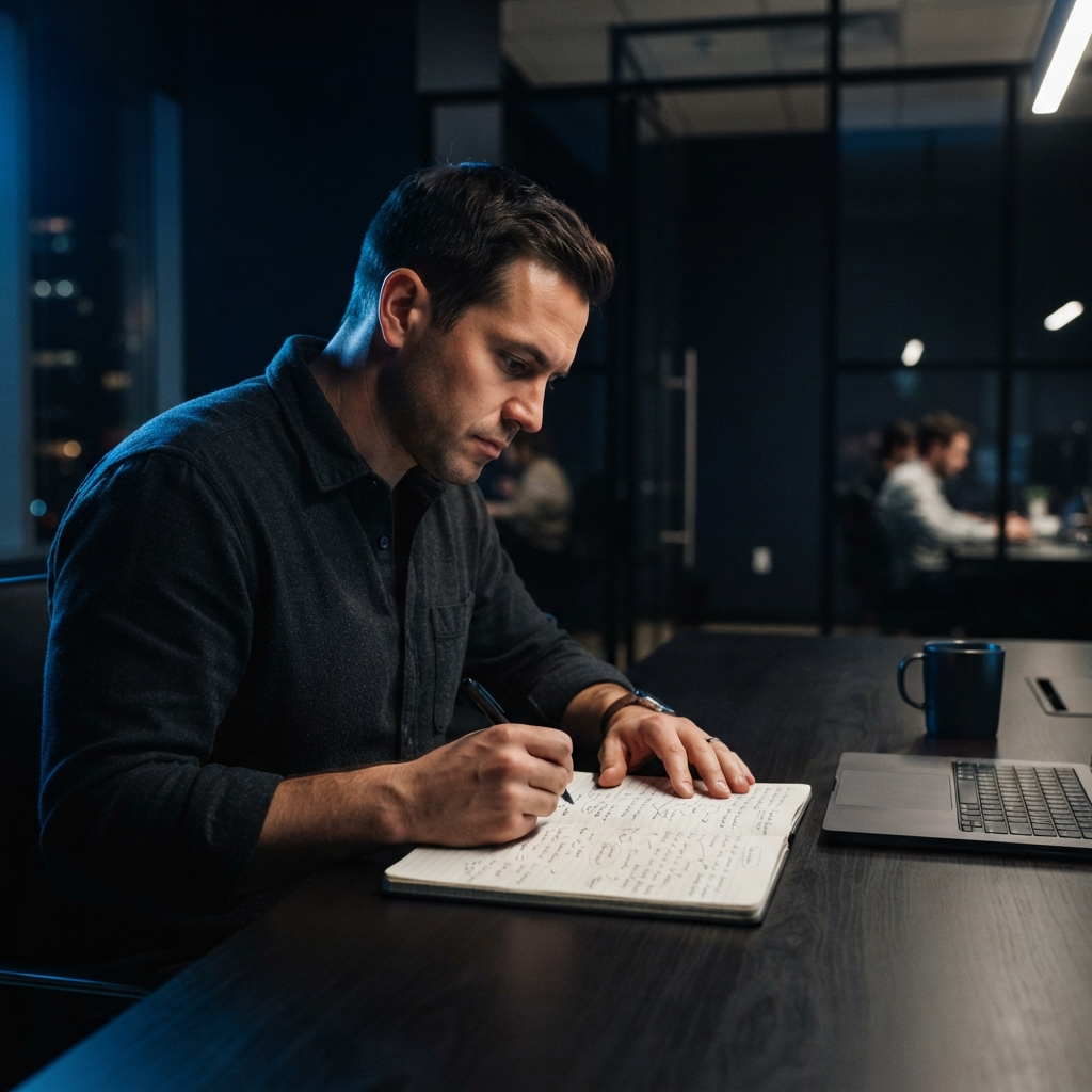 Startup founder working late in a modern dark studio