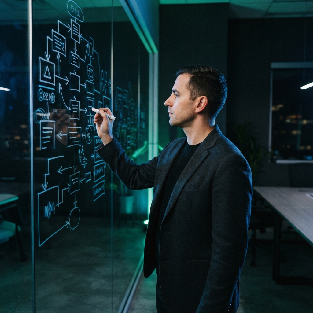 Founder organizing project workflows on a glass wall