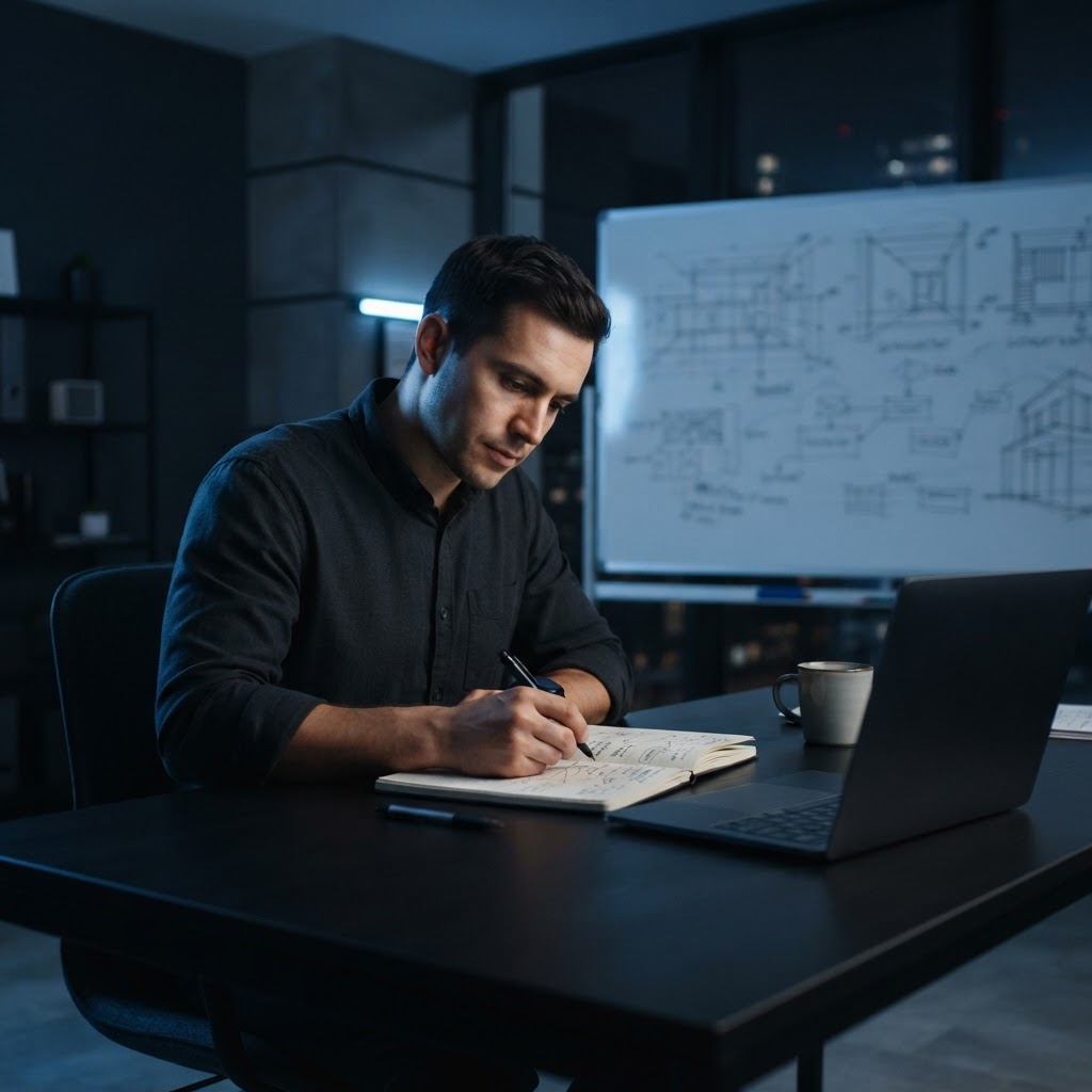 Founder planning startup strategy at a dark minimalist desk