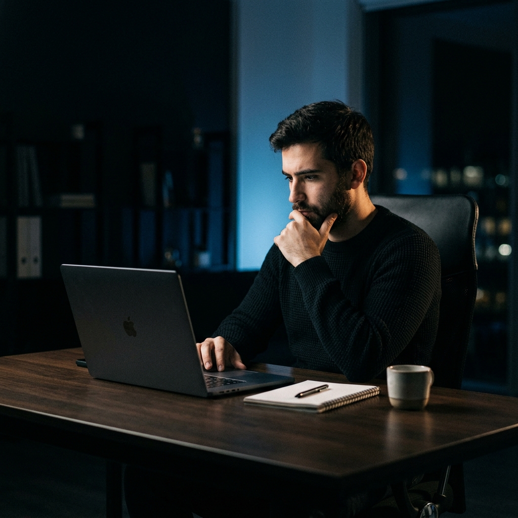 Founder working focused at laptop with dramatic side lighting
